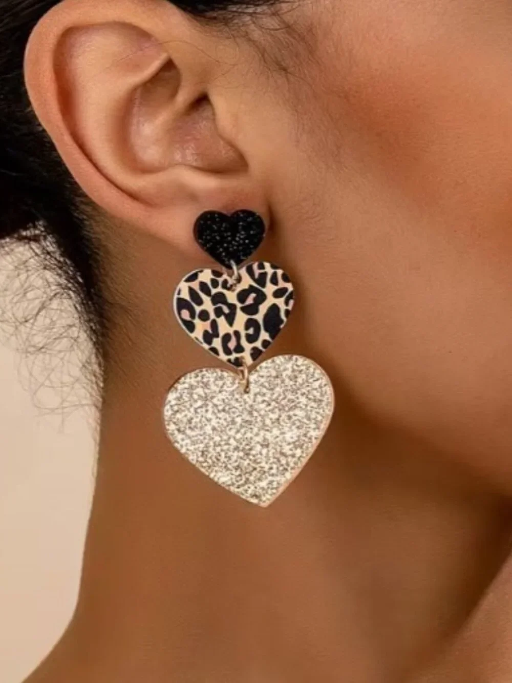 Black, Leopard & Gold Stacked Hearts Statement‎ Dangle Earrings (NEW & SO CUTE!)